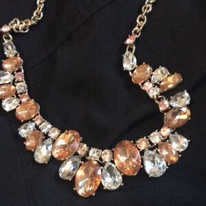 Statement Necklace with Amber and clear rhinestones, gold chain. Stunning!